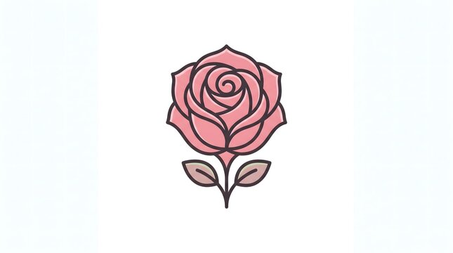 Minimalist vector illustration of a pink rose flower icon with green leaves, styled as a modern clean line art logo isolated on a white background