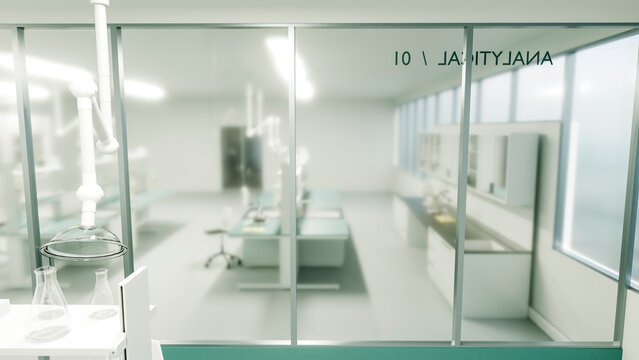 Laboratory interior with glass doors and scientific workstations