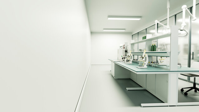 Laboratory workspace with microscopes and glassware on white bench