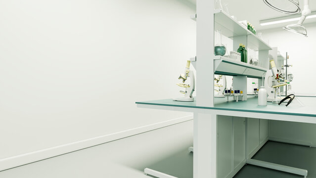 Laboratory microscopes and glass bottles on white lab bench