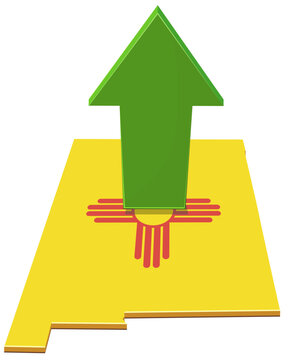 3D illustration symbolizing economic growth, regional progress, and success in New Mexico, featuring an upward green arrow on the state map with Zia sun symbol (cut out)