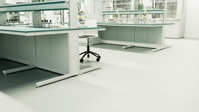 Laboratory with microscopes and glassware in bright clean workspace