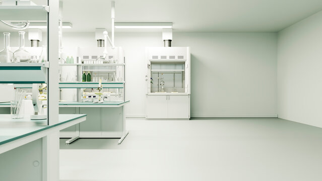 Laboratory interior with scientific instruments and fume hood
