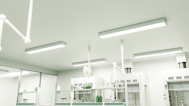 Laboratory interior with scientific glassware, shelves