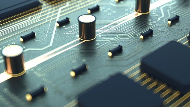 A detailed close-up of a circuit board populated with capacitors, chips and traces, illuminated by soft light to emphasize texture, precision and the high-tech concepts of electronics.