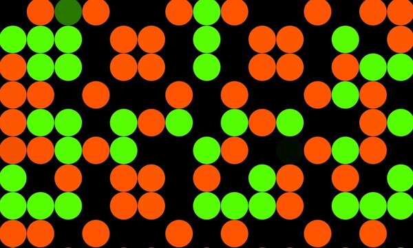 Seamless retro dot grid pattern featuring random circular pixel dots in vibrant orange, neon green, and black contrast.