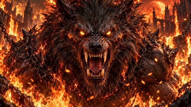 Fiery monstrous werewolf bound by chains in a burning hellscape