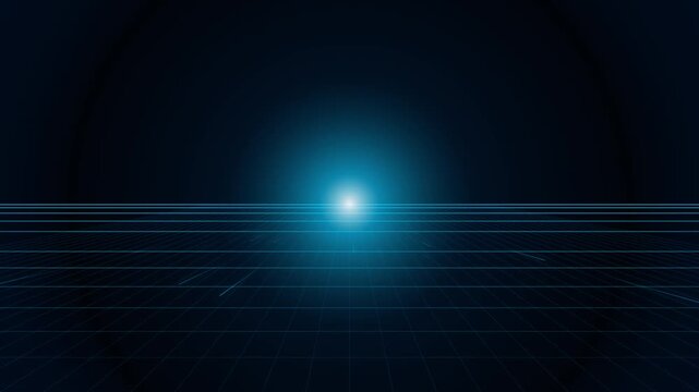 Digital grid horizon with glowing light point in futuristic cyberspace environment.