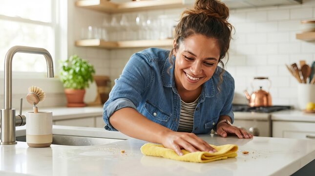 A smiling woman cleaning a white kitchen countertop with a yellow towel during home housekeeping