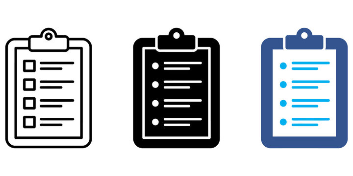 Medical checklist clipboard icons set for task management and plans.