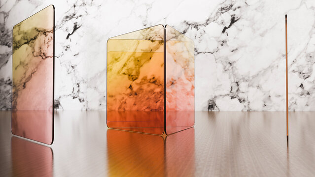 Colored transparent glass panels and cube on reflective surface