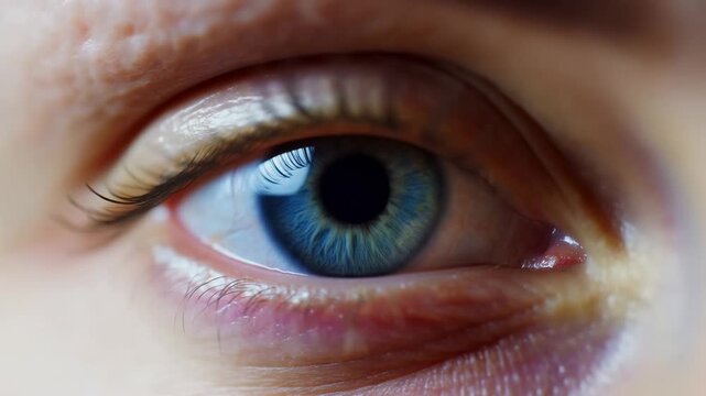 Extreme close-up of a blue human eye blinking in a frontal macro view. Eye care advertising, ophthalmology education, and optometry marketing.
