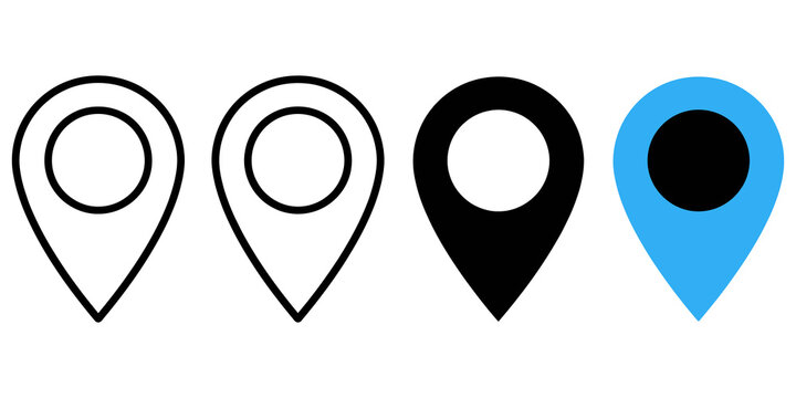Map pin pointer location icons in outline black and blue variations.