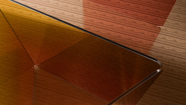 Transparent colored panels overlapping on a wood grain surface