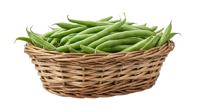 Fresh green string beans in a woven wicker basket isolated on white background