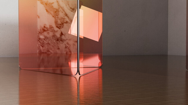 Transparent orange glass cube reflecting on wooden surface indoors