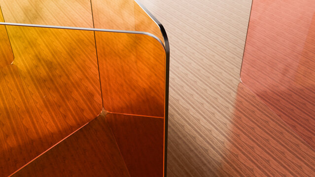 Orange acrylic partition panels with curved edges reflecting on wood