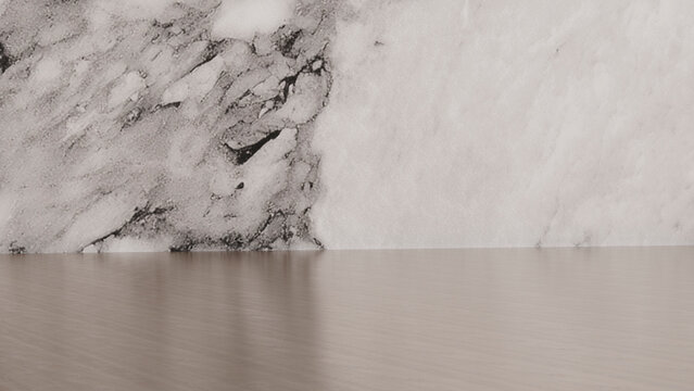 Interior space with marble-textured wall and light wood flooring
