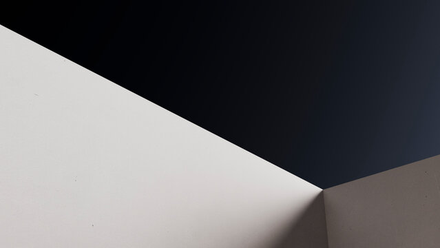 Corner of white and gray walls with shadow and dark background