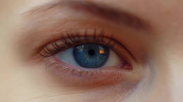 Blue human eye gazes toward the camera in an extreme close-up with detailed iris and eyelashes. Eye care advertising, optometry services, and ophthalmology education.