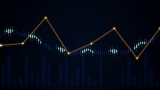 Abstract financial trading graph with orange line and blue candle sticks moving on dark background.