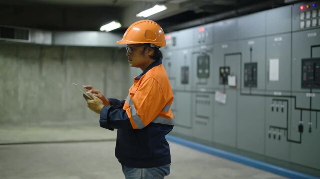 Engineer checking and inspecting at MDB panel working with electric switchboard to check range of voltage working in Main Distribution Boards factory.	