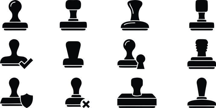 Rubber stamp icon set in solid black silhouette