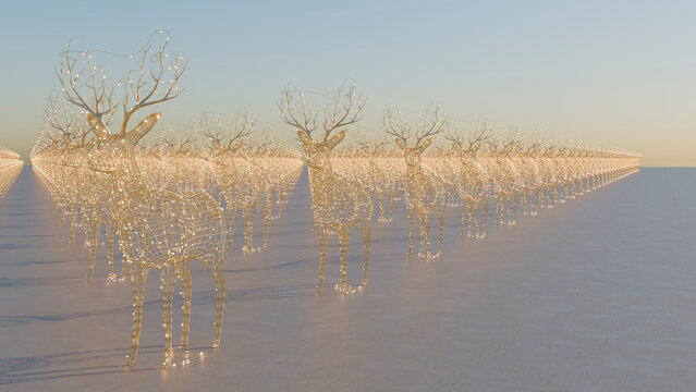 Wireframe reindeer sculptures with glowing holiday lights in rows
