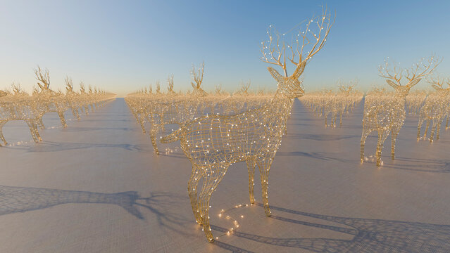 Wireframe deer sculptures with glowing lights