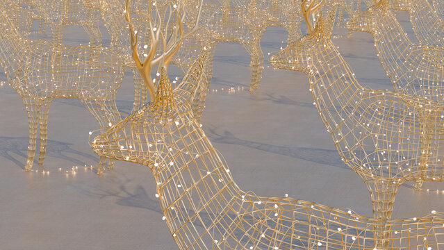 Wireframe deer sculptures decorated with festive holiday lights