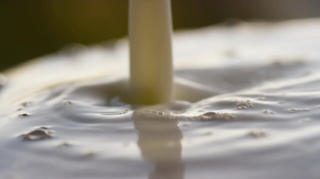 Milk pouring into a liquid surface in macro close-up, creating ripples and bubbles. Food advertising, dairy product promotion, and breakfast campaigns.