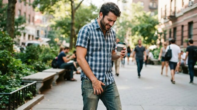 Smiling man in checkered shirt walking through city park with a cup of coffee held in his hand.