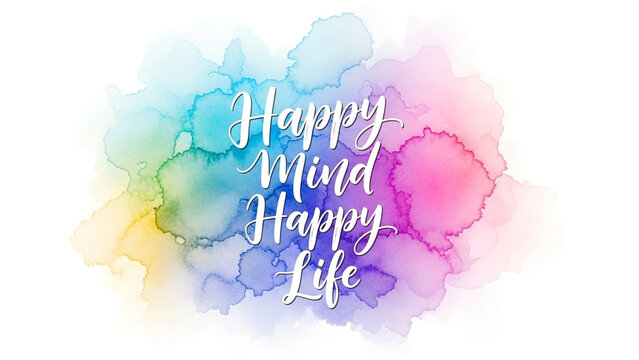 Happy Mind Happy Life text overlay on a colorful abstract watercolor splash isolated on white background