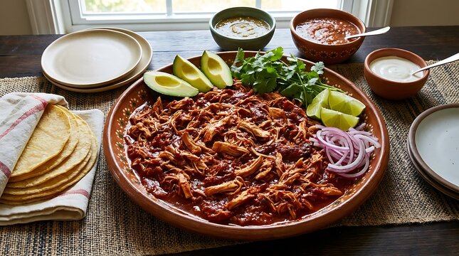 Delicious shredded chicken tacos meal with avocado and onion on a dining table. Chicken tinga