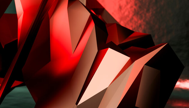 Abstract red geometric 3d shape with sharp faceted edges