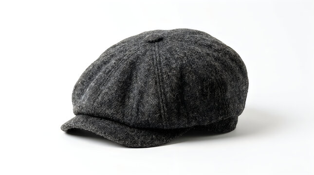 Dark grey flat cap hat on white background isolated on white background