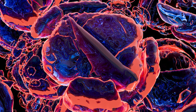 Abstract glowing blue and red rocks with crystal-like formations