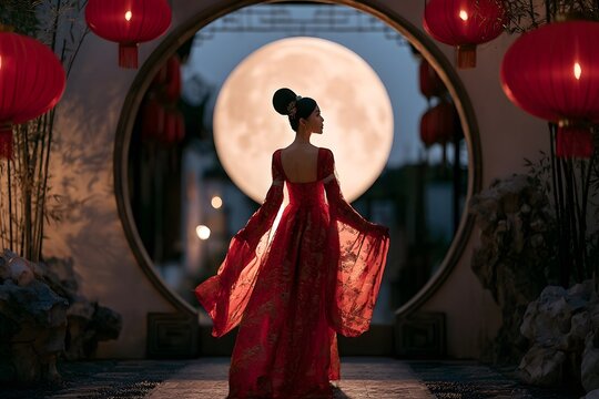 Chinese woman in hanfu standing in moon gate courtyard at night