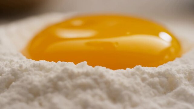 Raw egg yolk settling into flour on a kitchen preparation surface. Baking recipe videos, bakery advertising, and culinary tutorials.