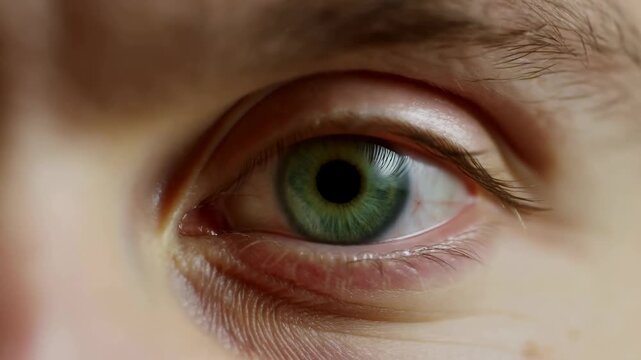 Extreme close-up of a green human eye looking into the camera with detailed iris, pupil, eyelashes. Eye care advertising, optometry services, and ophthalmology education.