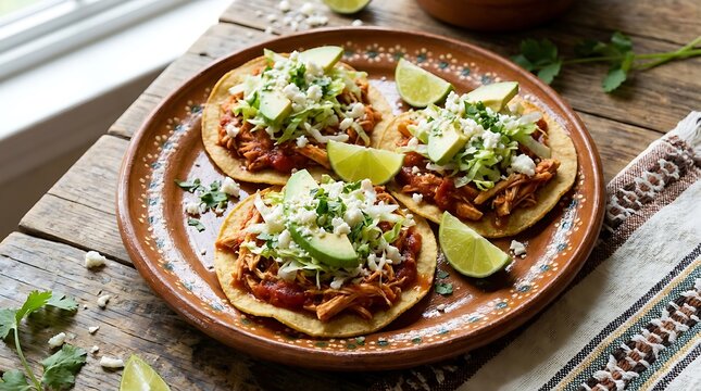 Fresh chicken tostadas with avocado and lime on a rustic wooden table. Chicken tinga