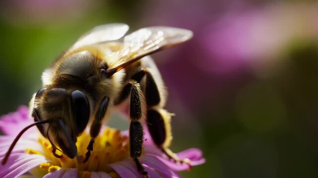Bee feeding on a pink flower in a macro garden close-up. Nature documentaries, pollination education, and ecology lessons.