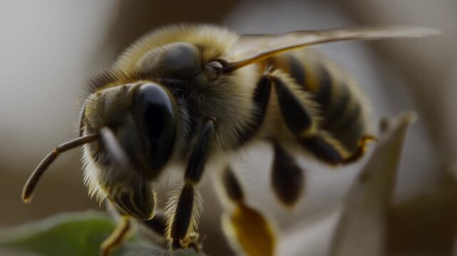 Bee perching on green vegetation in an extreme macro view. Environmental education, pollination campaigns, and agriculture advertising.