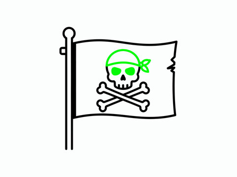 Skull and crossbones pirate flag with green eyes and black accents waving against a plain background.