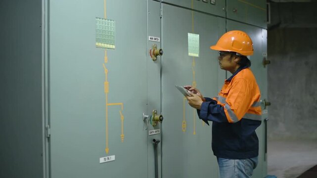Engineer checking and inspecting at MDB panel working with electric switchboard to check range of voltage working in Main Distribution Boards factory.	