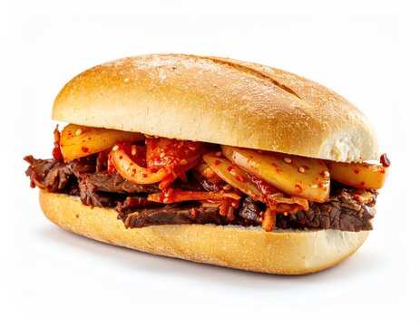 Spicy Bulgogi Beef Sandwich with Kimchi on a White Studio Background