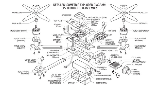 Detailed isometric exploded diagram of FPV quadcopter assembly, technical drone blueprint with labeled components, racing drone vector illustration