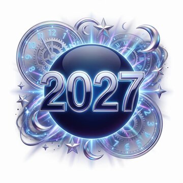 2027 New Year Celebration with Clocks, Stars and Futuristic Blue Design