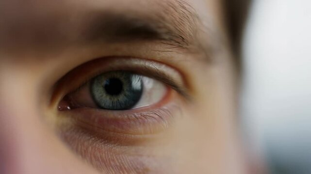 Human eye gazing in extreme close-up with a gray-blue iris and shallow background blur. Eye care advertising, optometry education, and ophthalmology campaigns.