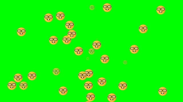 yellow emoji face funny animation, nerd emoji faces with glasses and big teeth bouncing across green screen.